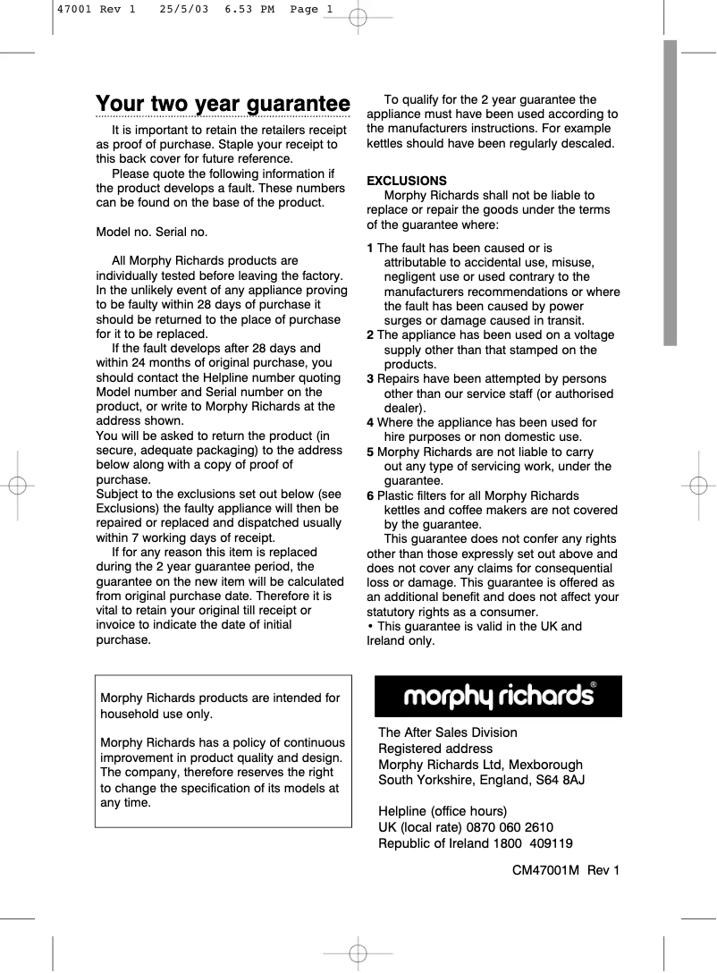 Page 1 de la notice Manuel utilisateur Morphy Richards Cafe Rico 10