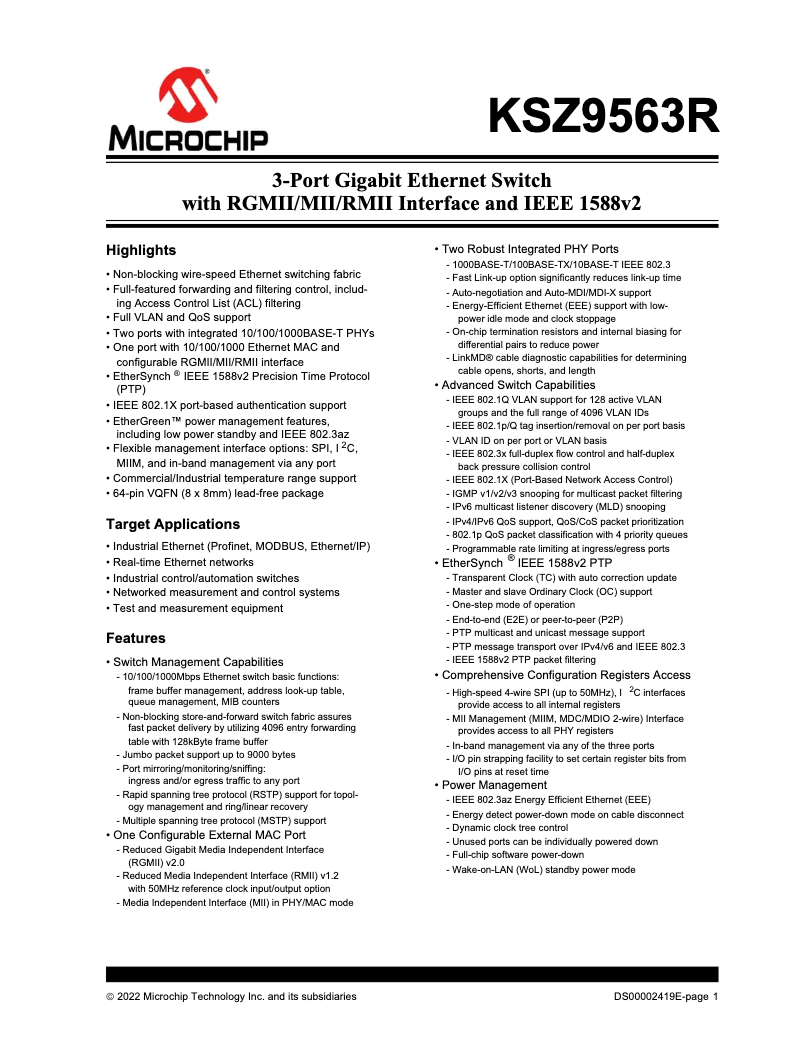 Página 1 del manual Ficha técnica Microchip KSZ9563