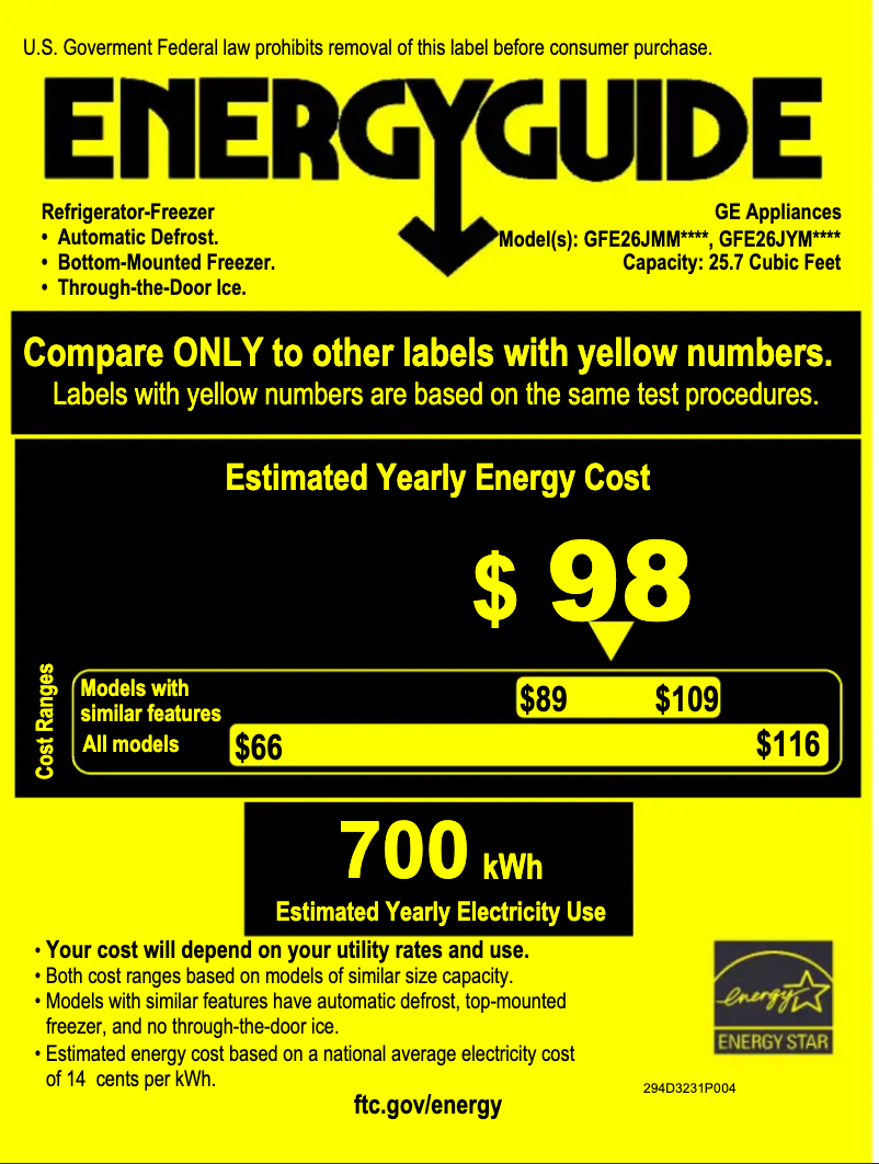 Page 1 de la notice Label énergétique GE GFE26JMMES
