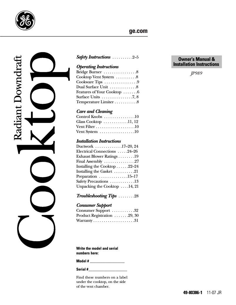 Page 1 of the manual Installation Guide GE Profile JP989WDWW