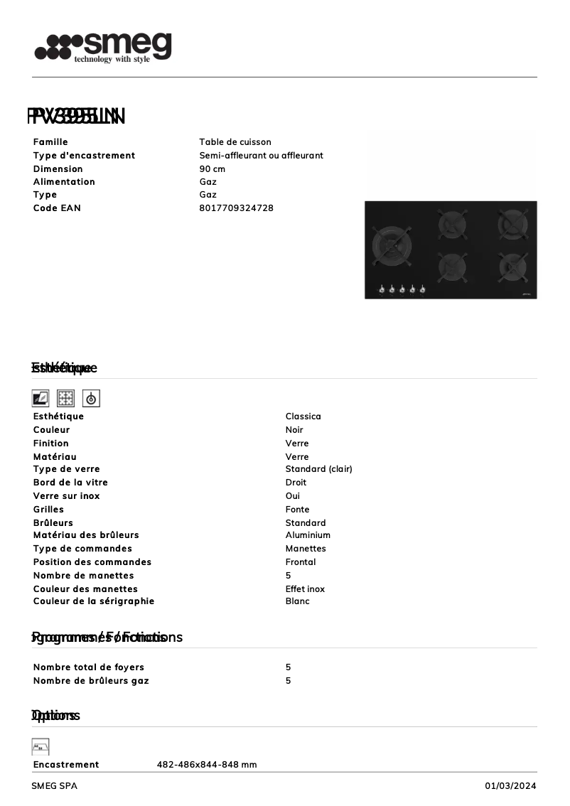Page 1 de la notice Fiche technique Smeg PV395LN