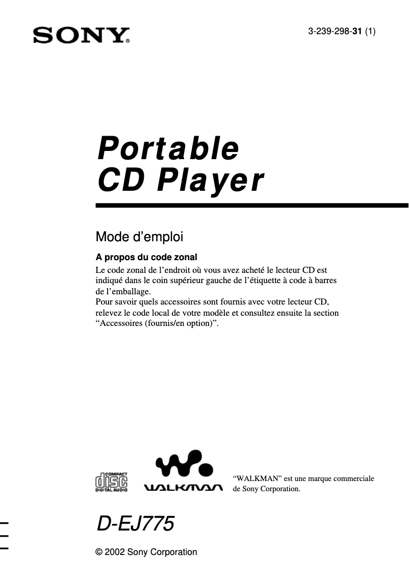 Page n°1 - Manuel utilisateur Sony D-EJ775