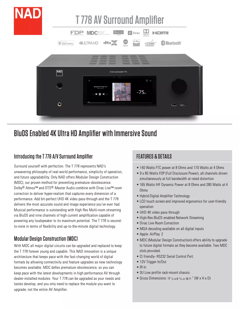 Page 1 de la notice Fiche technique NAD T 778