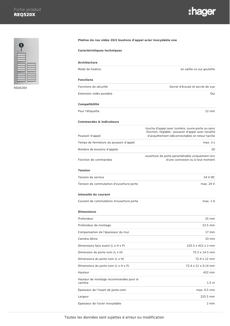 Page 1 de la notice Fiche technique Elcom REQ520X