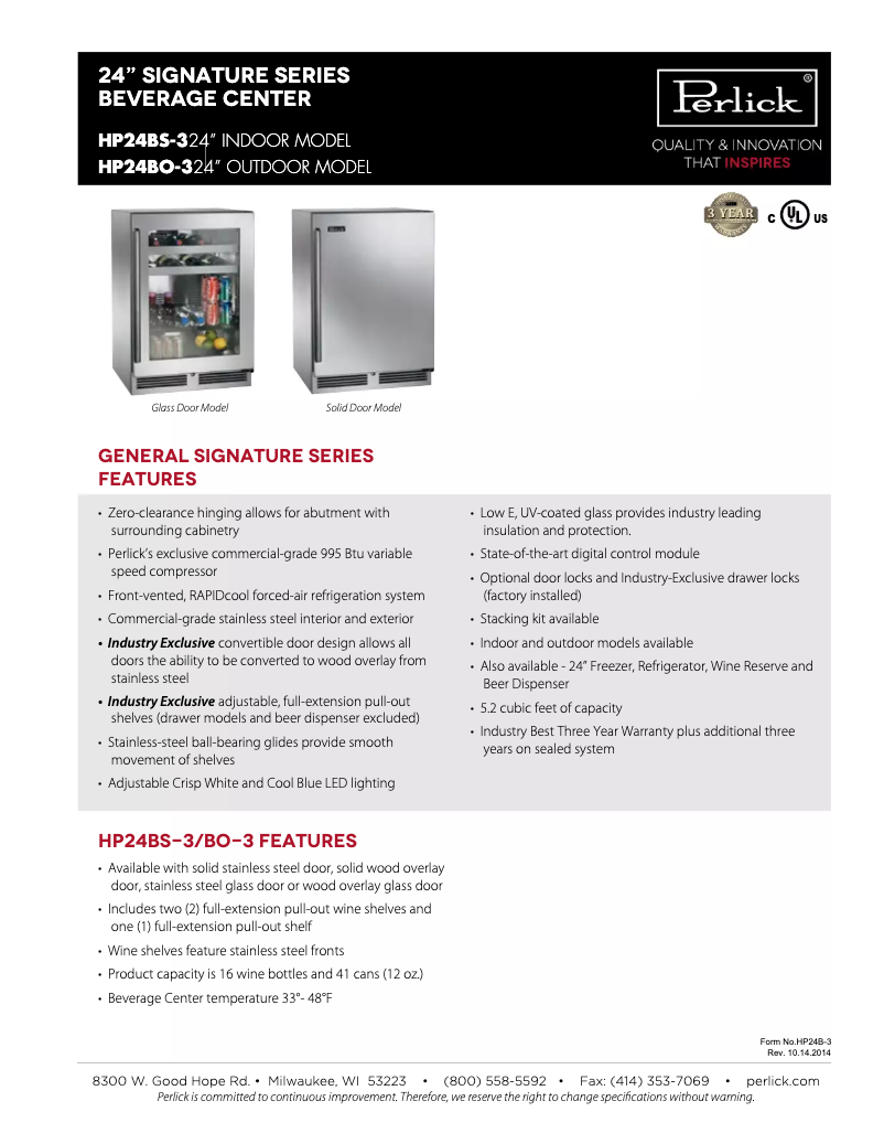 Page n°1 - Fiche technique Perlick Signature Series HP24BS-3-4L