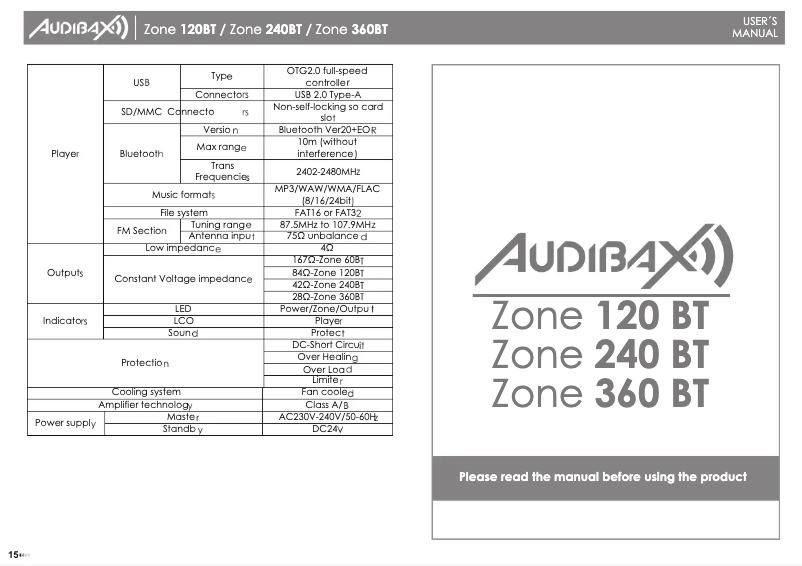 Page 1 de la notice Manuel utilisateur Audibax Zone 120 BT