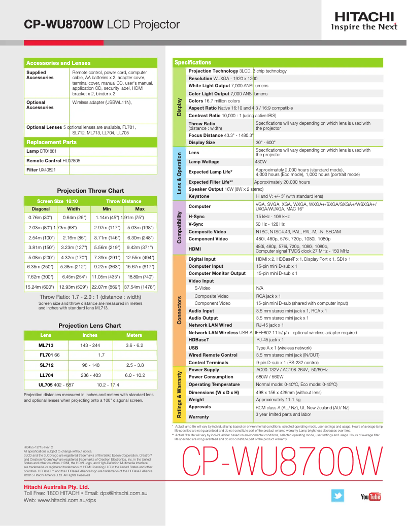 Page 1 de la notice Fiche technique Hitachi CP-WU8700W