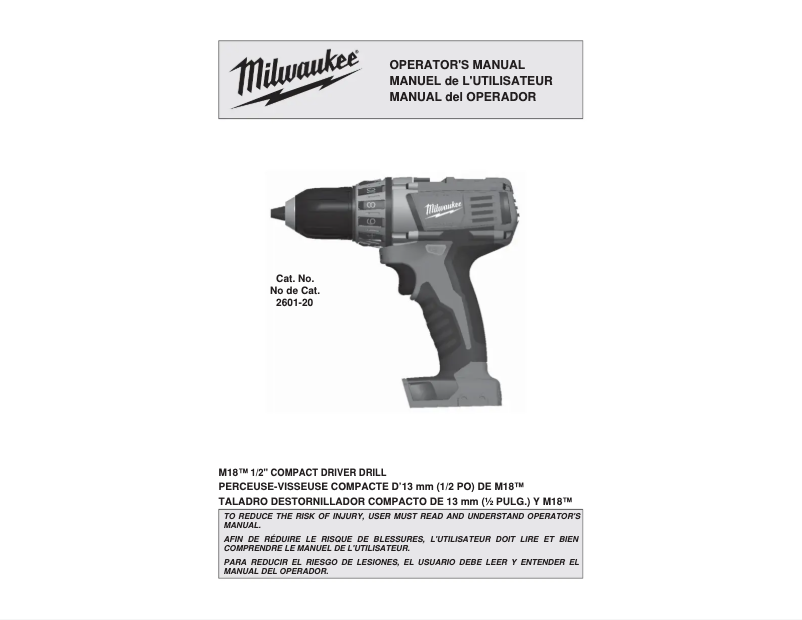 Page n°1 - Manuel utilisateur Milwaukee M18 2601-22