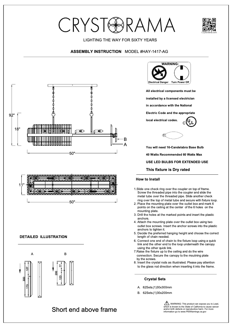 Page 1 de la notice Manuel utilisateur Crystorama Hayes HAY-1417-AG