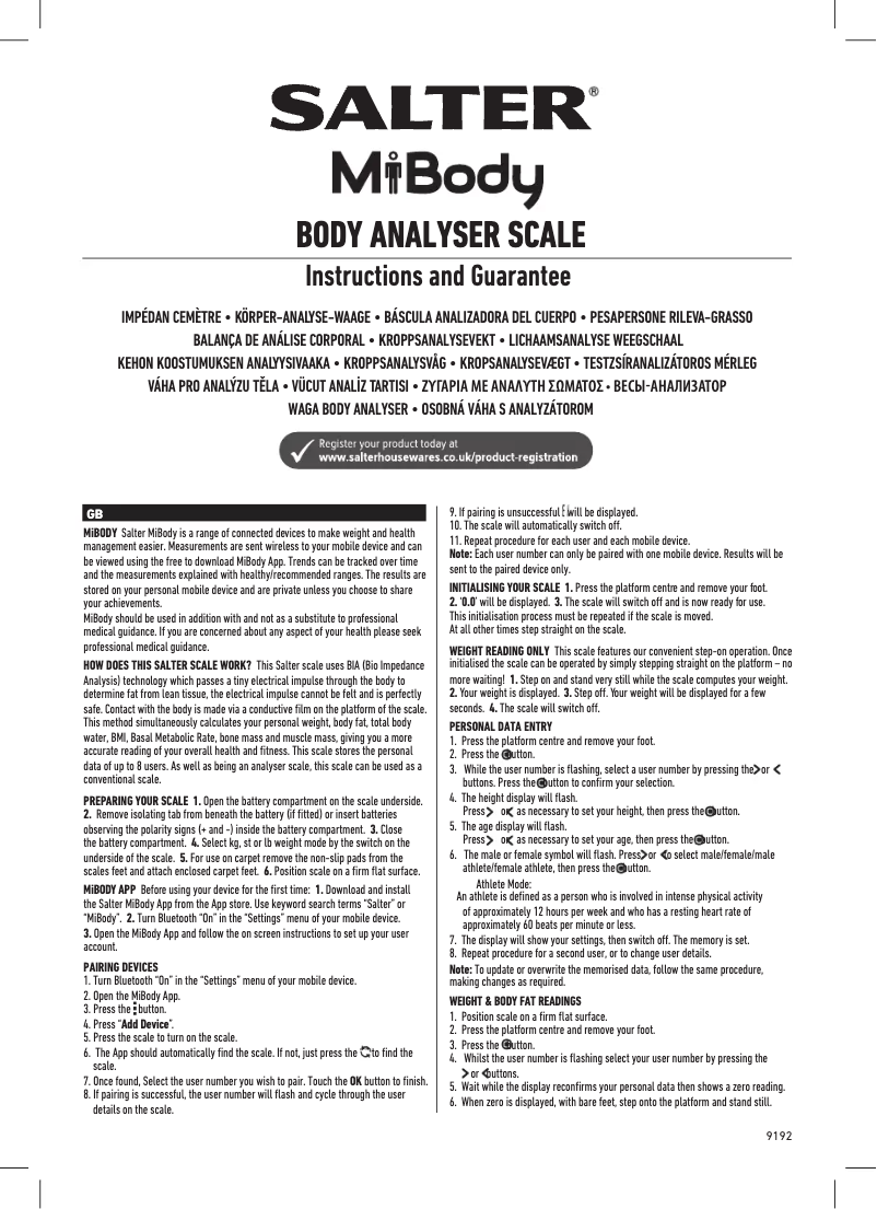 Page 1 de la notice Manuel utilisateur Salter 9192 WH3R