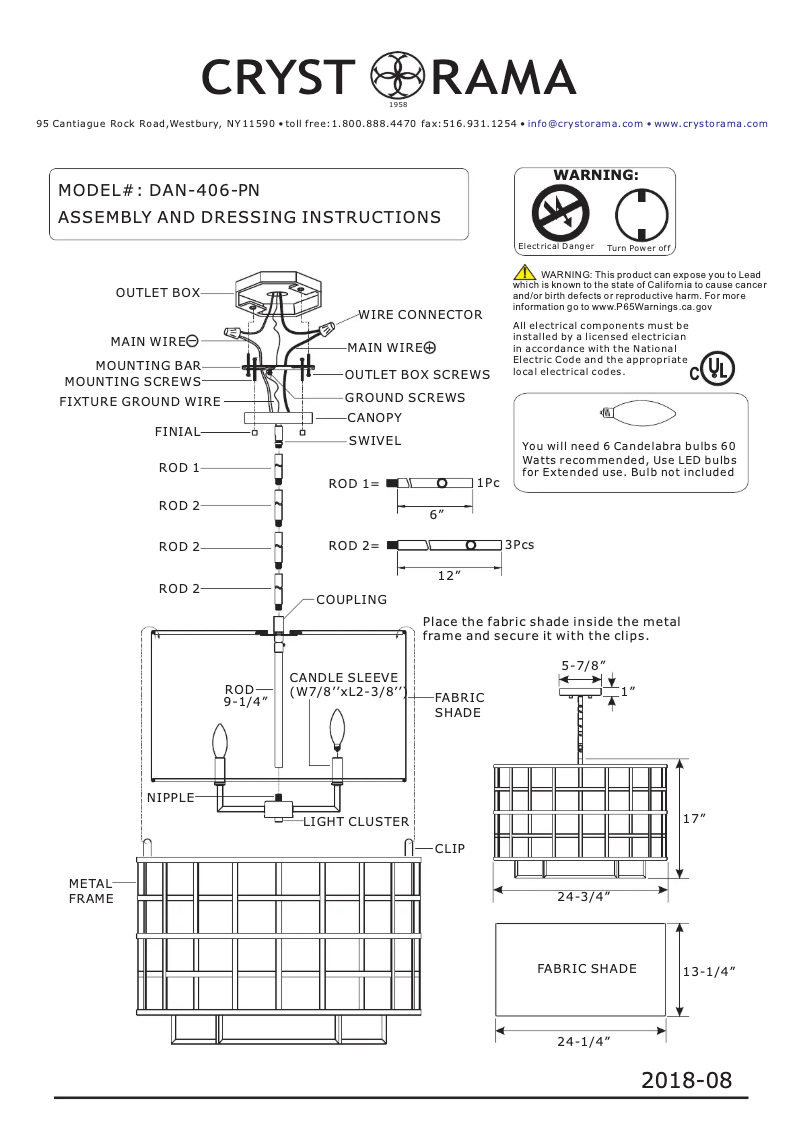 Page 1 de la notice Manuel utilisateur Crystorama Danielson DAN-406-PN