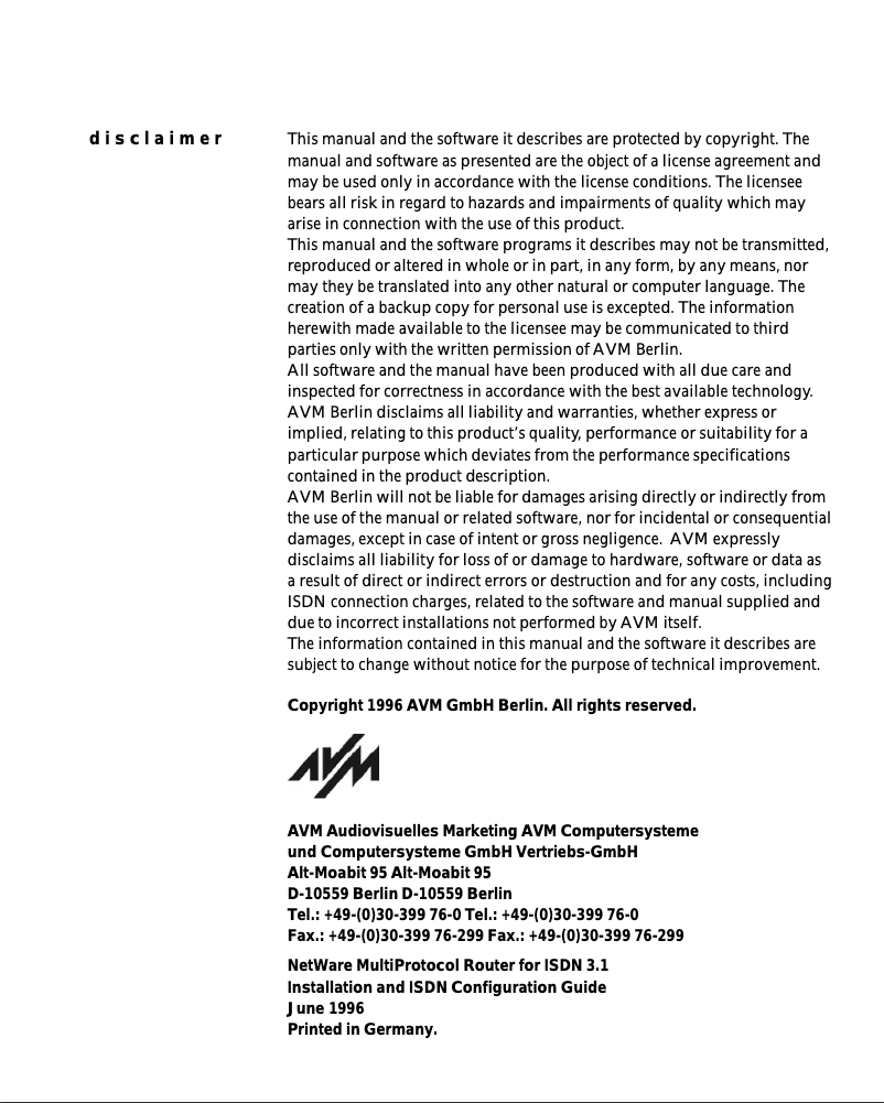 Page 1 de la notice Manuel utilisateur AVM NetWare MultiProtocol Router for ISDN