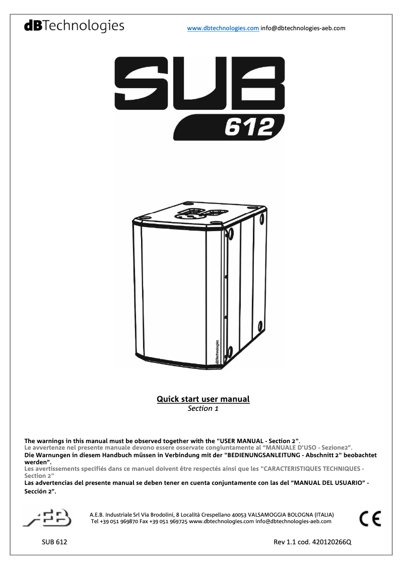 Page n°1 - Manuel utilisateur DB Technologies SUB 612