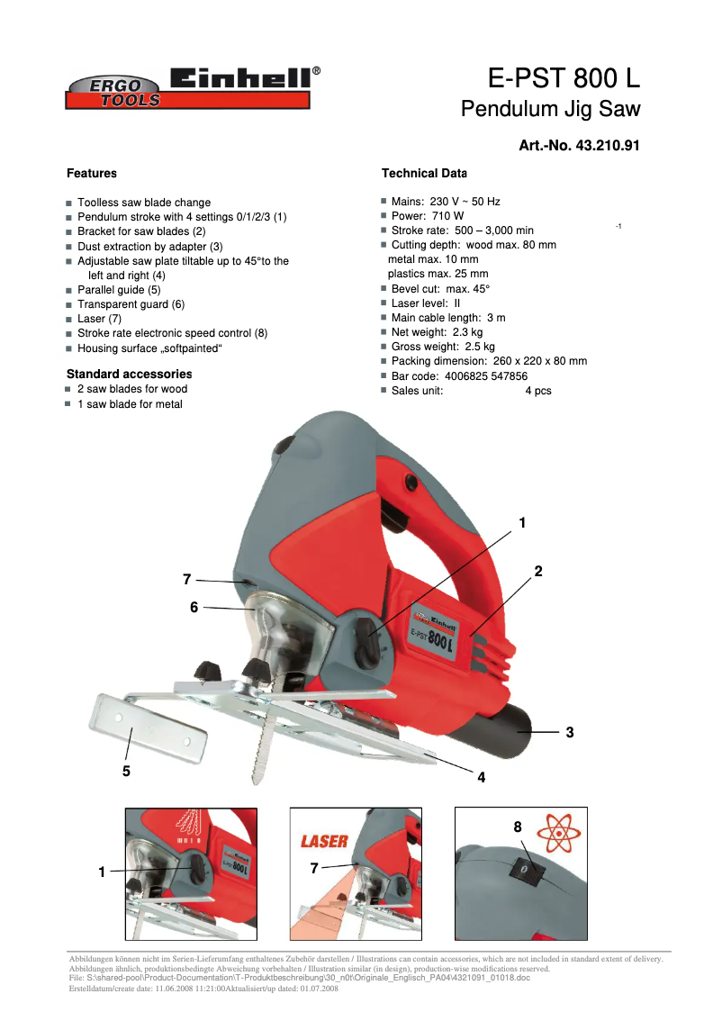 Page n°1 - Manuel utilisateur Einhell E-PST 800 L