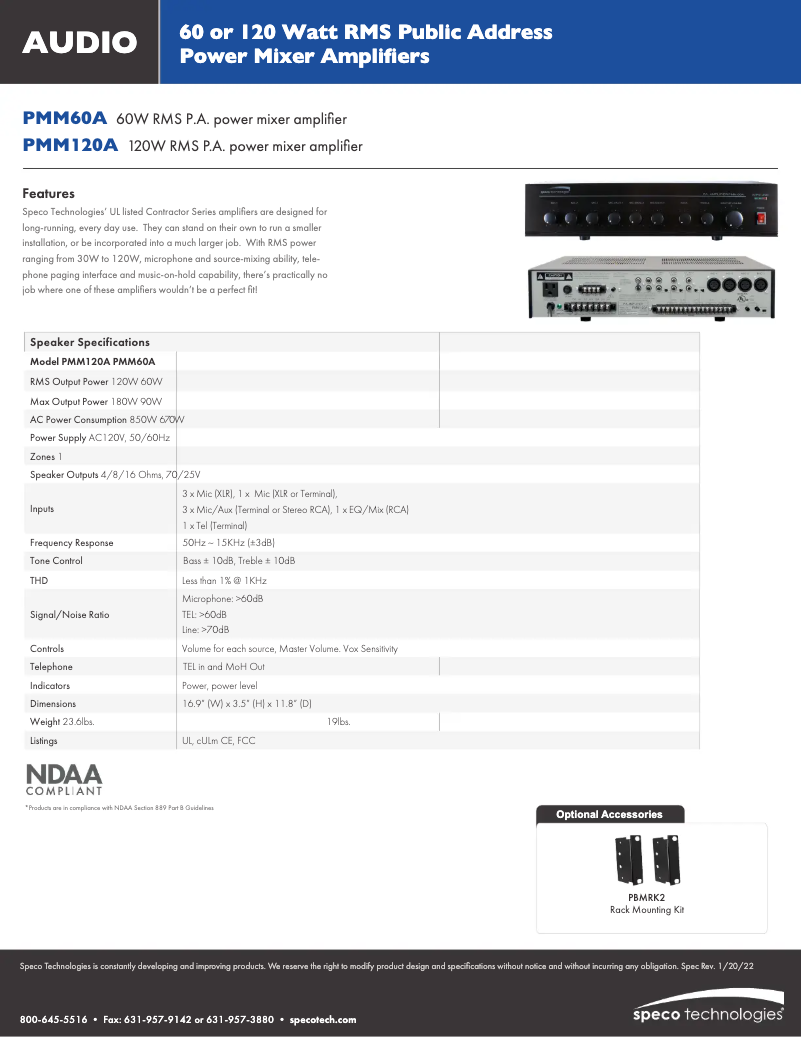 Page 1 de la notice Fiche technique Speco Technologies PMM-60A