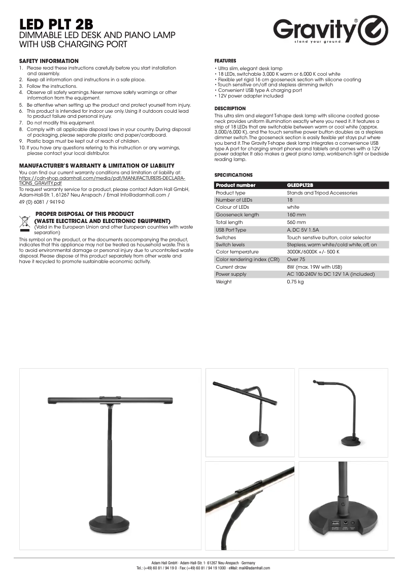 Page 1 de la notice Manuel utilisateur Gravity LED PLT 2B