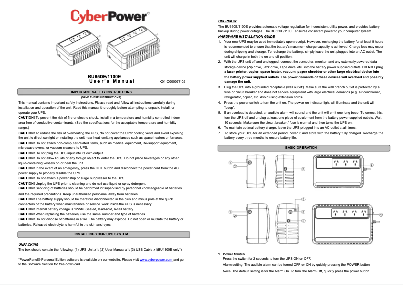 Page 1 de la notice Manuel utilisateur CyberPower BU1100E