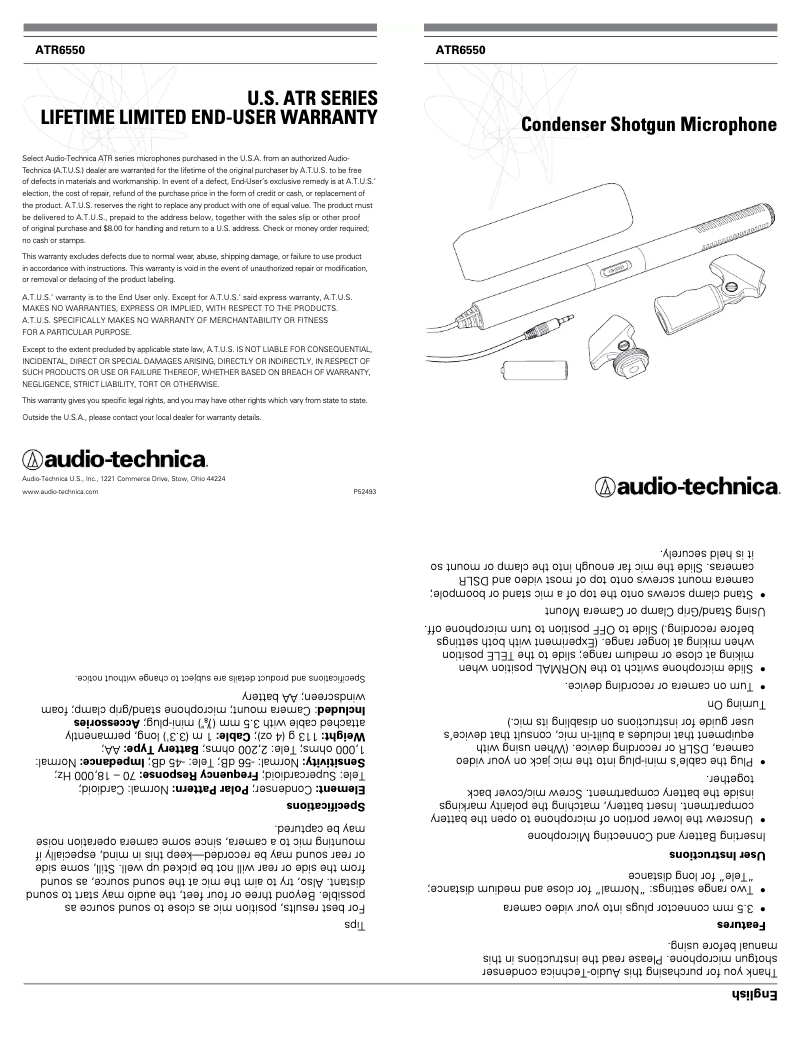 Page 1 de la notice Manuel utilisateur Audio-Technica ATR6550