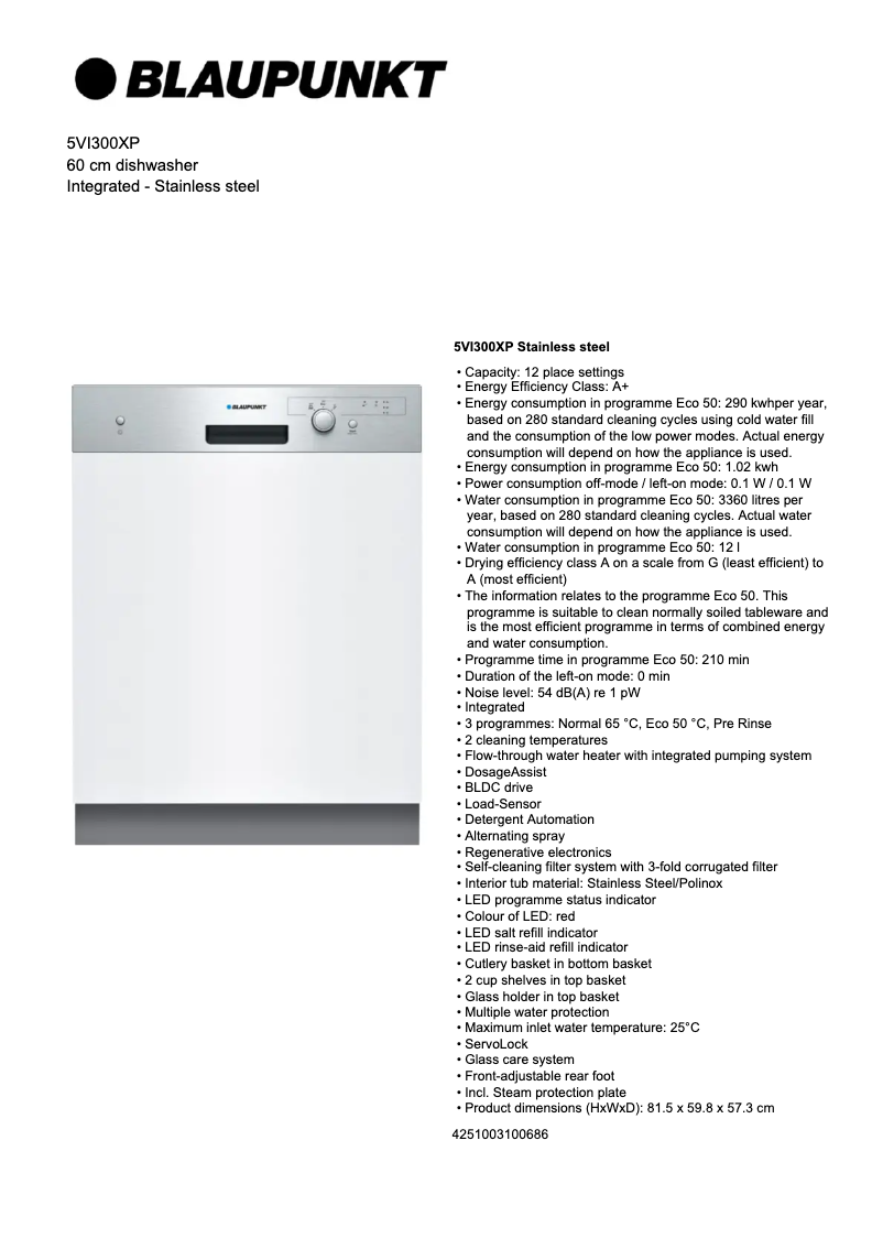 Page 1 de la notice Fiche technique Blaupunkt 5VI 300XP