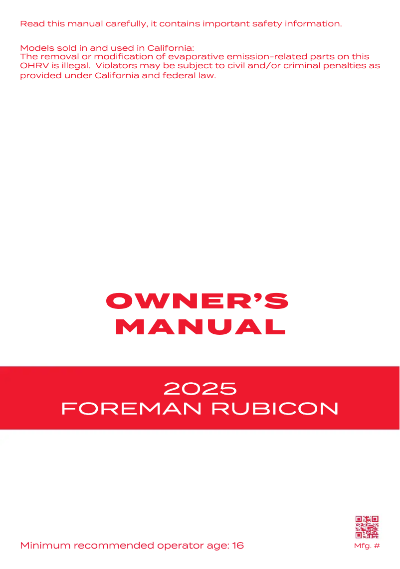 Page n°1 - Manuel utilisateur Honda Foreman Rubicon (2025)