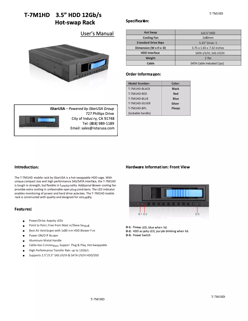Page n°1 - Manuel utilisateur iStarUSA T-7M1HD