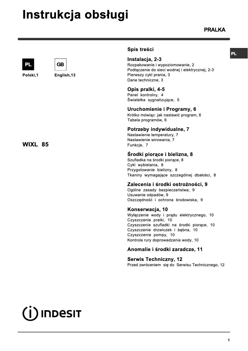 Imagen de la primera página del manual del dispositivo WIXL 85 (PL)