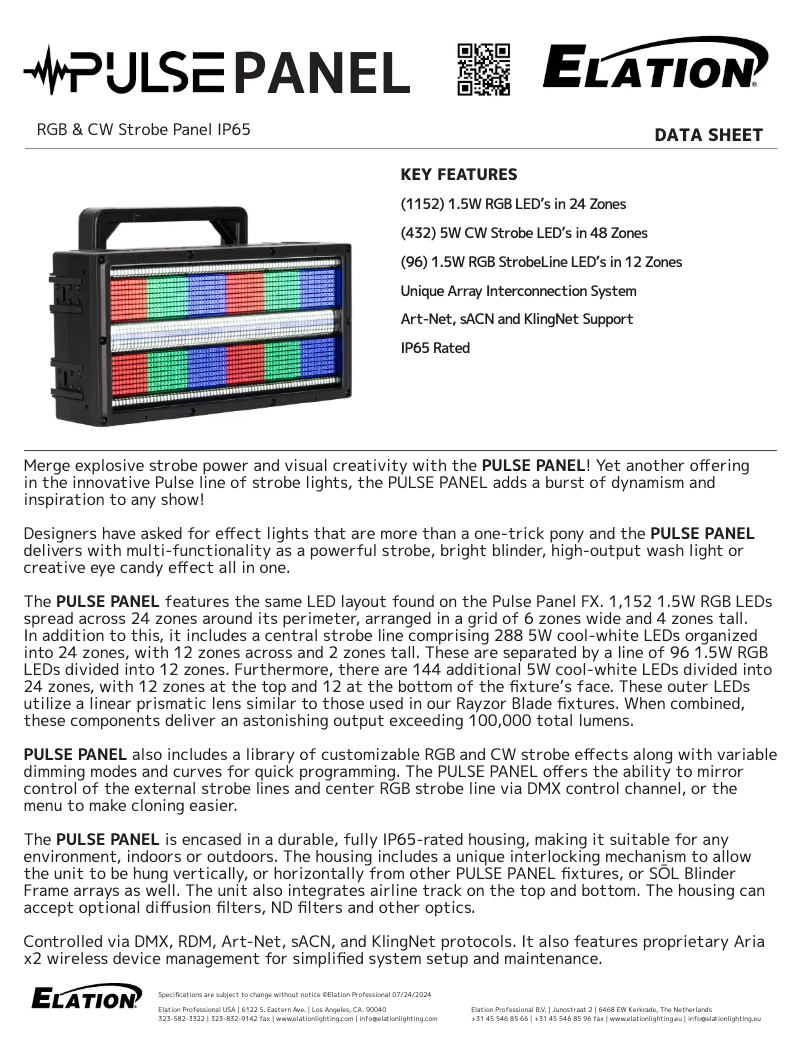 Page 1 de la notice Fiche technique Elation PULSE PANEL