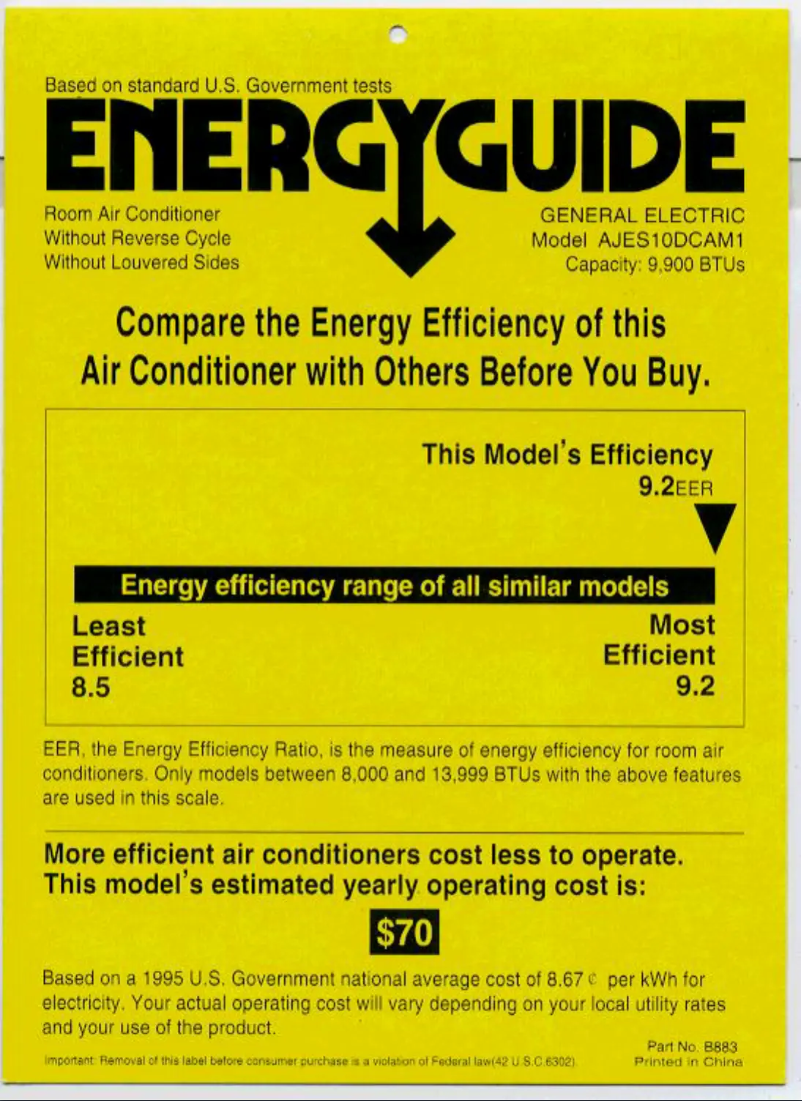 Page 1 de la notice Label énergétique GE AJES10DC