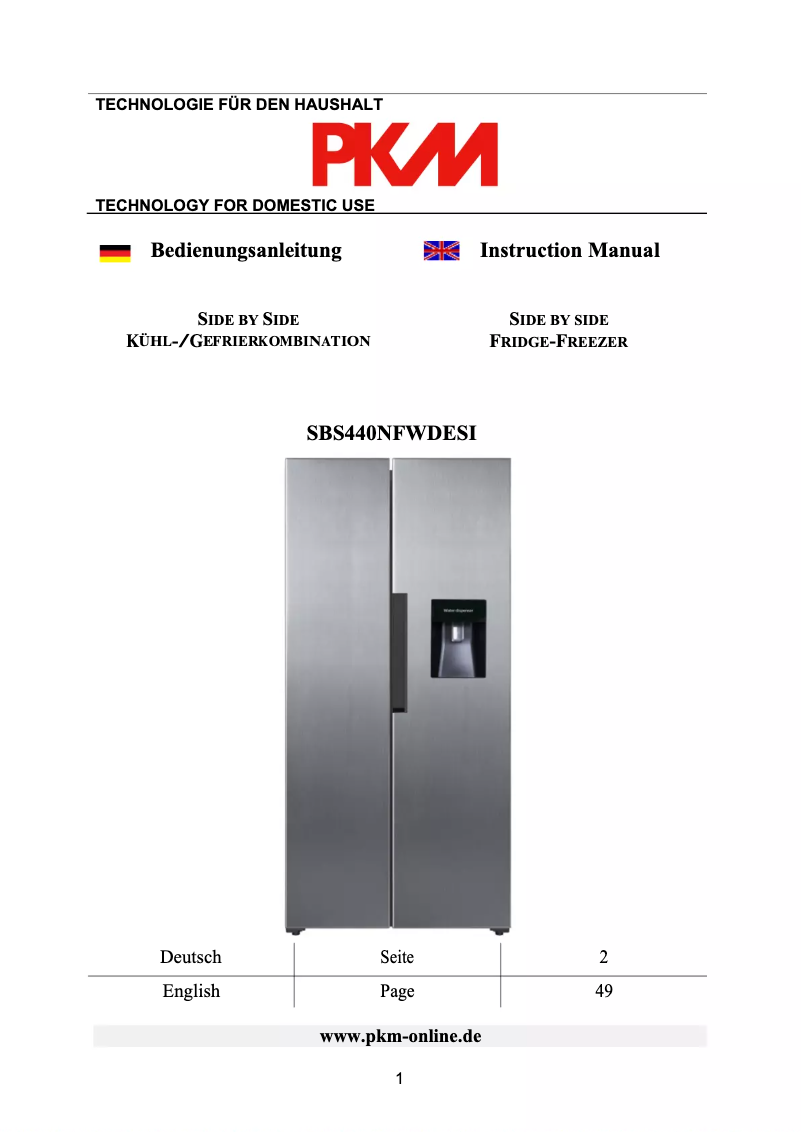 Page 1 de la notice Manuel utilisateur PKM SBS440NFWDESI