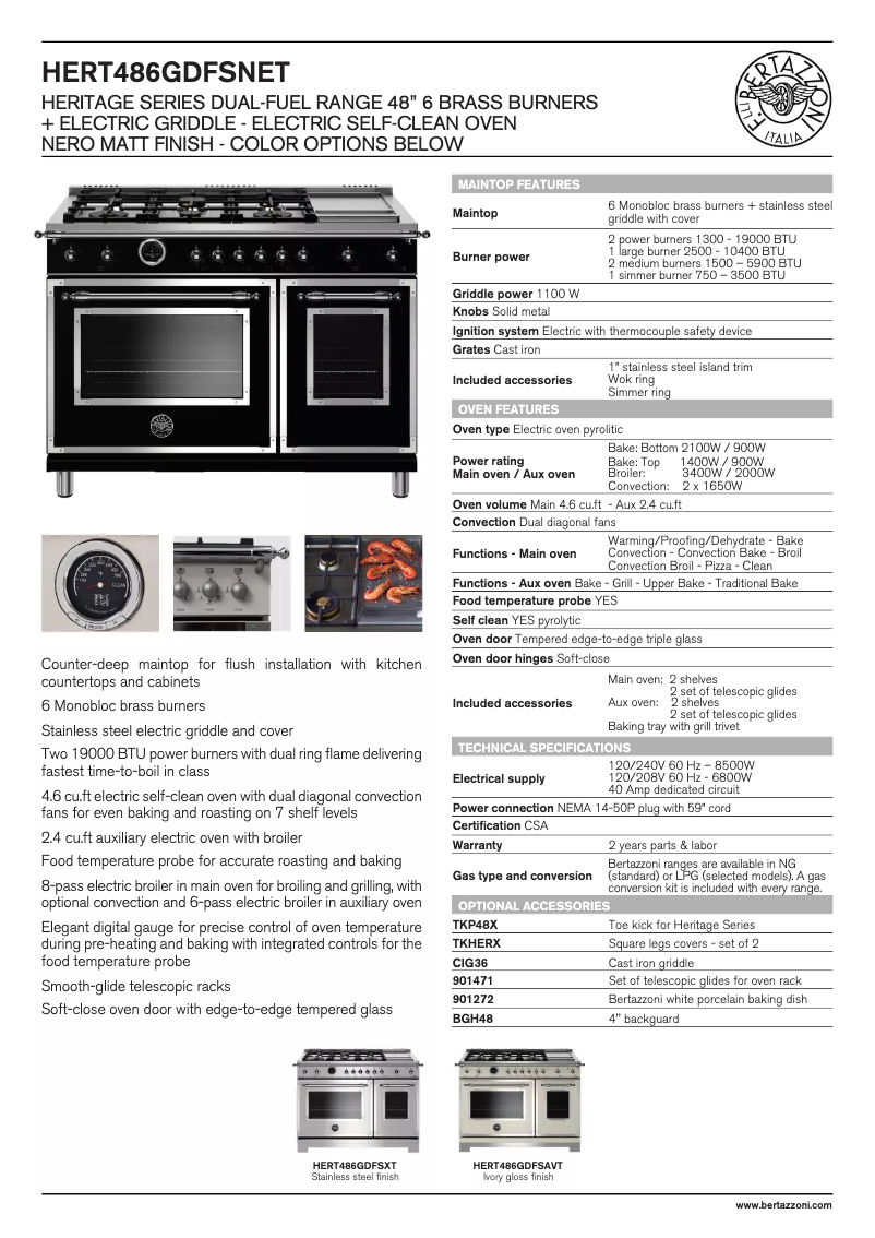 Page 1 de la notice Fiche technique Bertazzoni HERT486GDFSXT