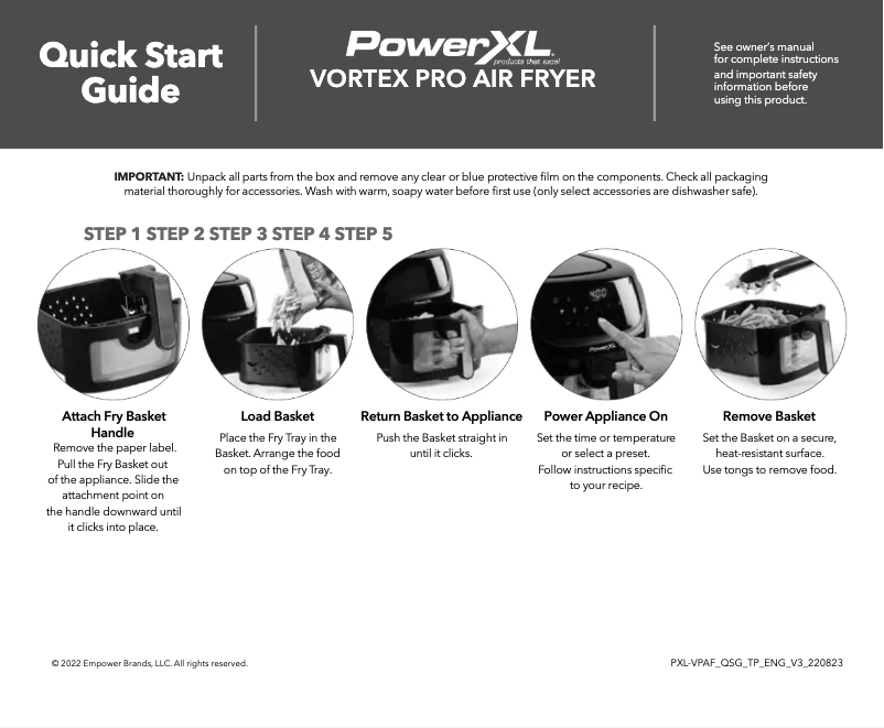 Page 1 de la notice Guide de démarrage rapide PowerXL Vortex Pro Air Fryer AF-E2001