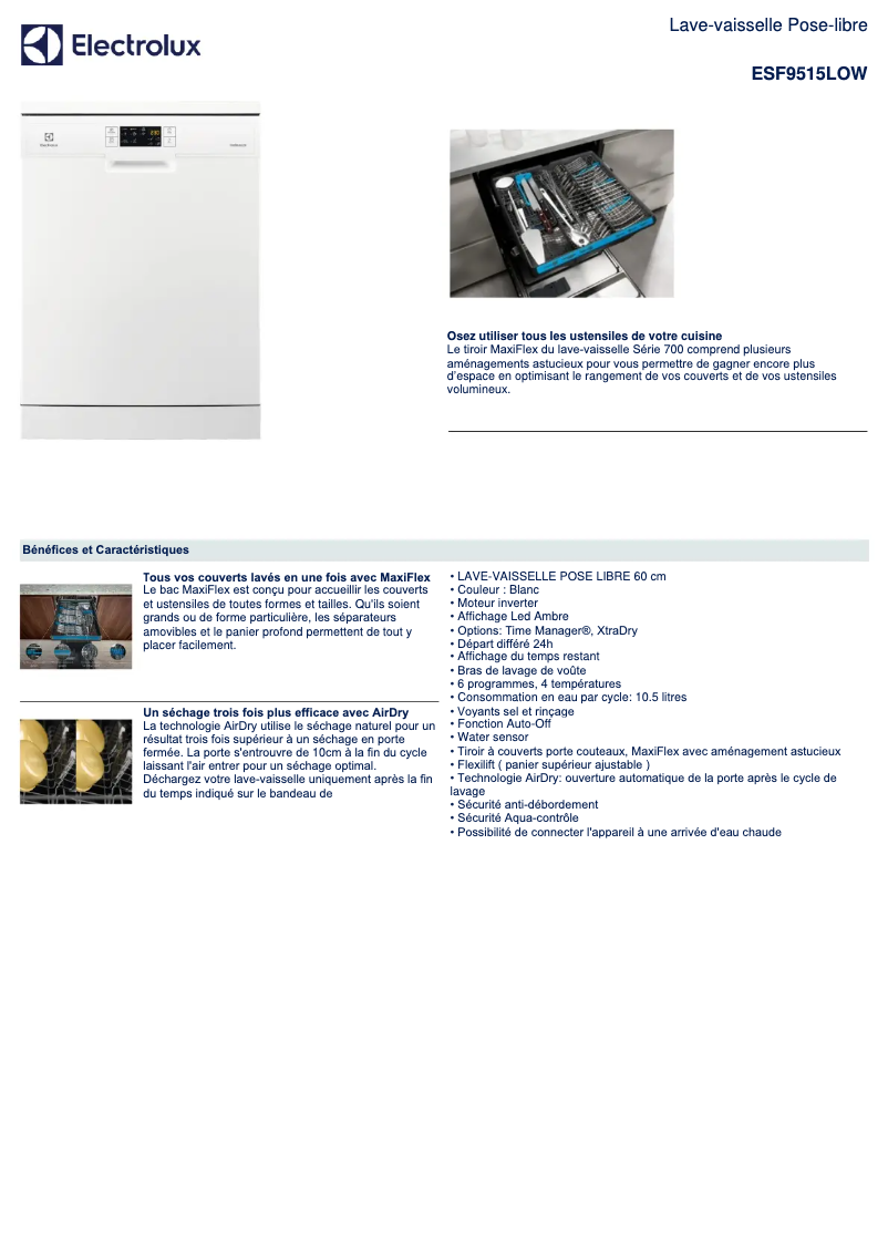 Página 1 del manual Ficha técnica Electrolux ESF9515LOW