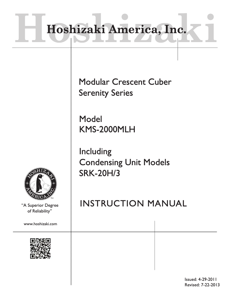 Page 1 de la notice Manuel utilisateur Hoshizaki KMS-2000MLH