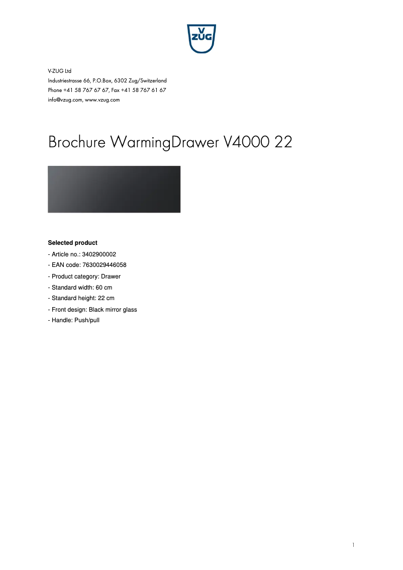 Page 1 de la notice Brochure V-Zug WarmingDrawer V4000