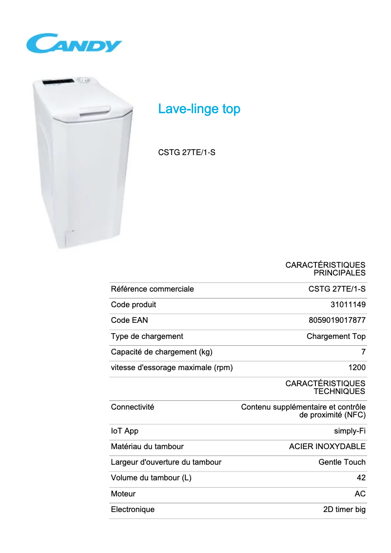 Page 1 de la notice Fiche technique Candy CSTG 27TE/1-S