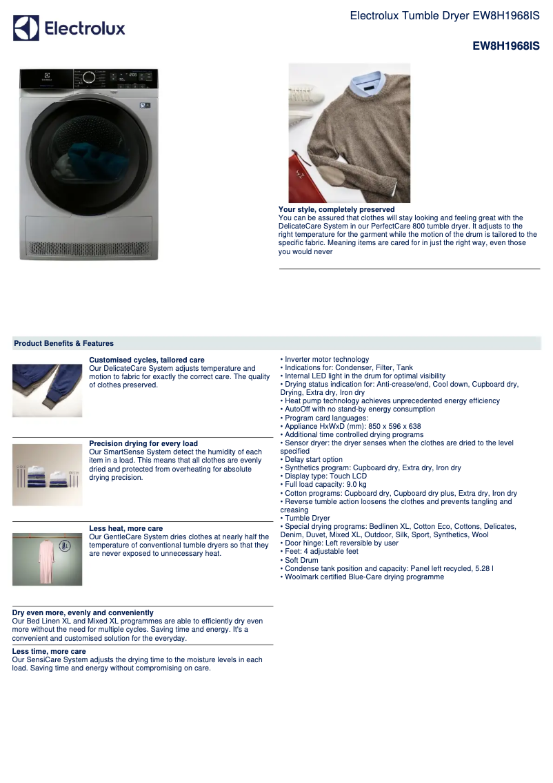 Page 1 de la notice Fiche technique Electrolux EW8H1968IS