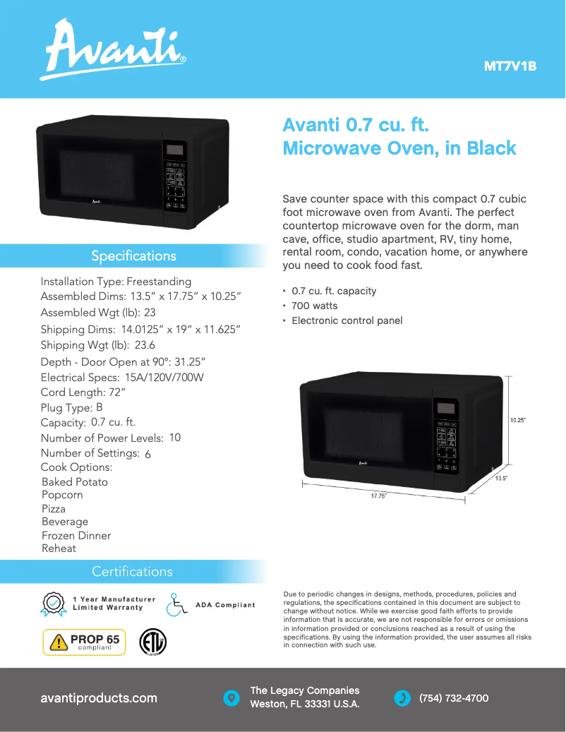 Page 1 of the manual Technical Sheet Avanti MT7V0W