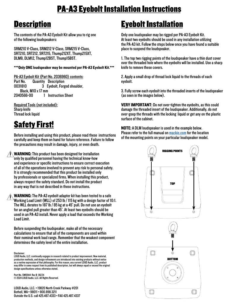 Page 1 de la notice Guide d'installation Mackie SRT215