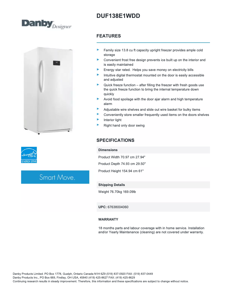 Página 1 del manual Ficha técnica Danby DUF138E1