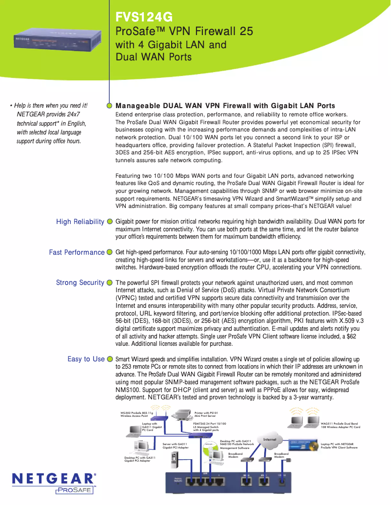 Page 1 de la notice Fiche technique Netgear FVS124G