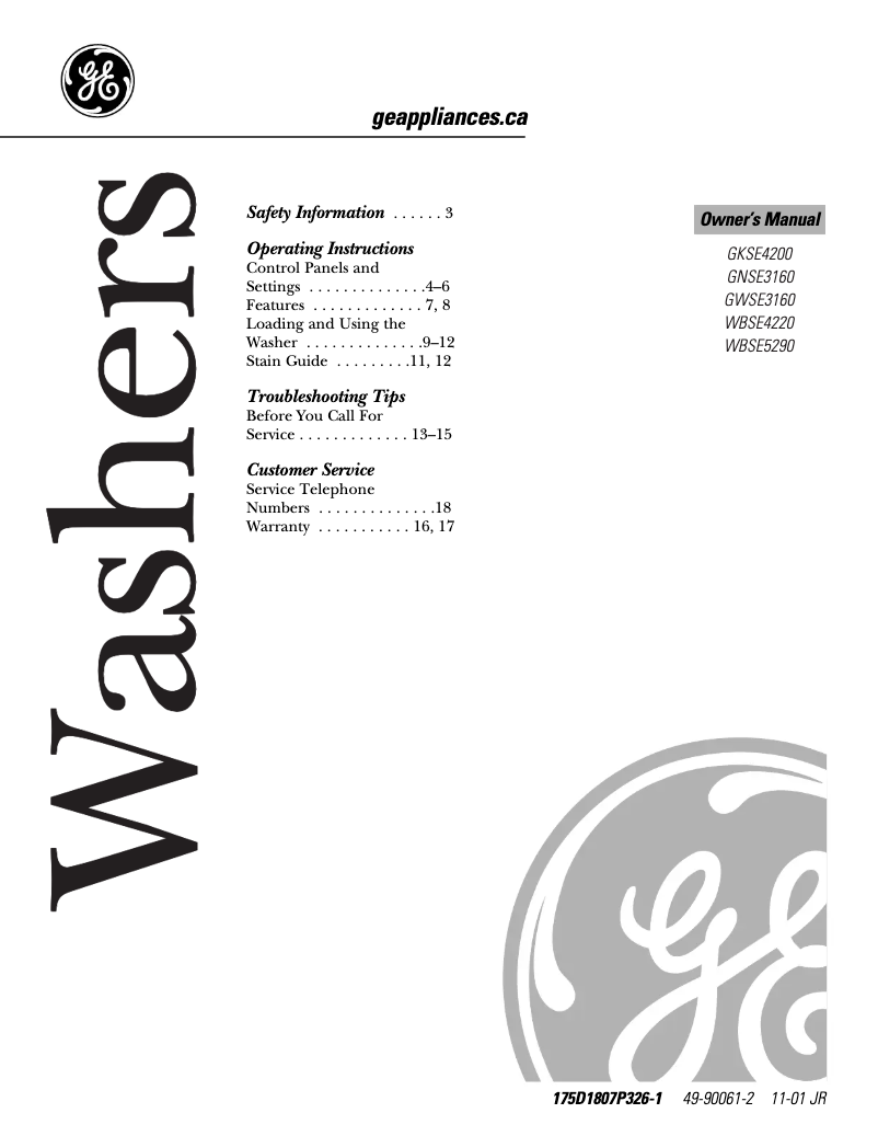 First page image of the manual for GWSE3160AWW