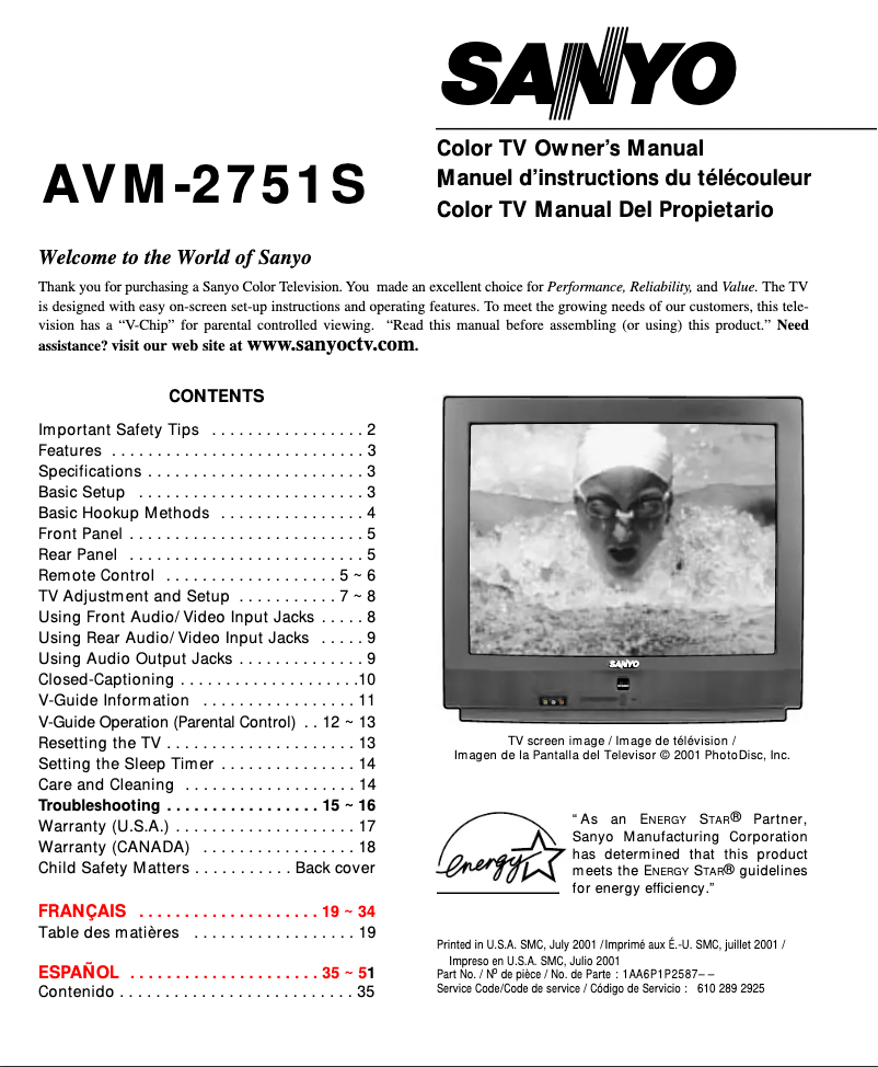 Page n°1 - Manuel utilisateur Sanyo AVM2751S
