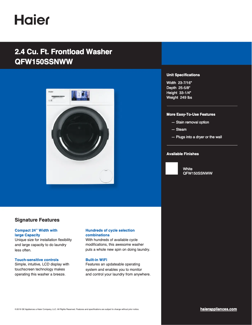 Page 1 de la notice Fiche technique Haier QFW150SSNWW