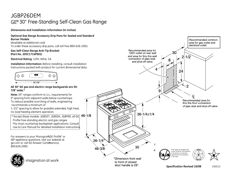 Page 1 de la notice Fiche technique GE JGBP26DEMCC