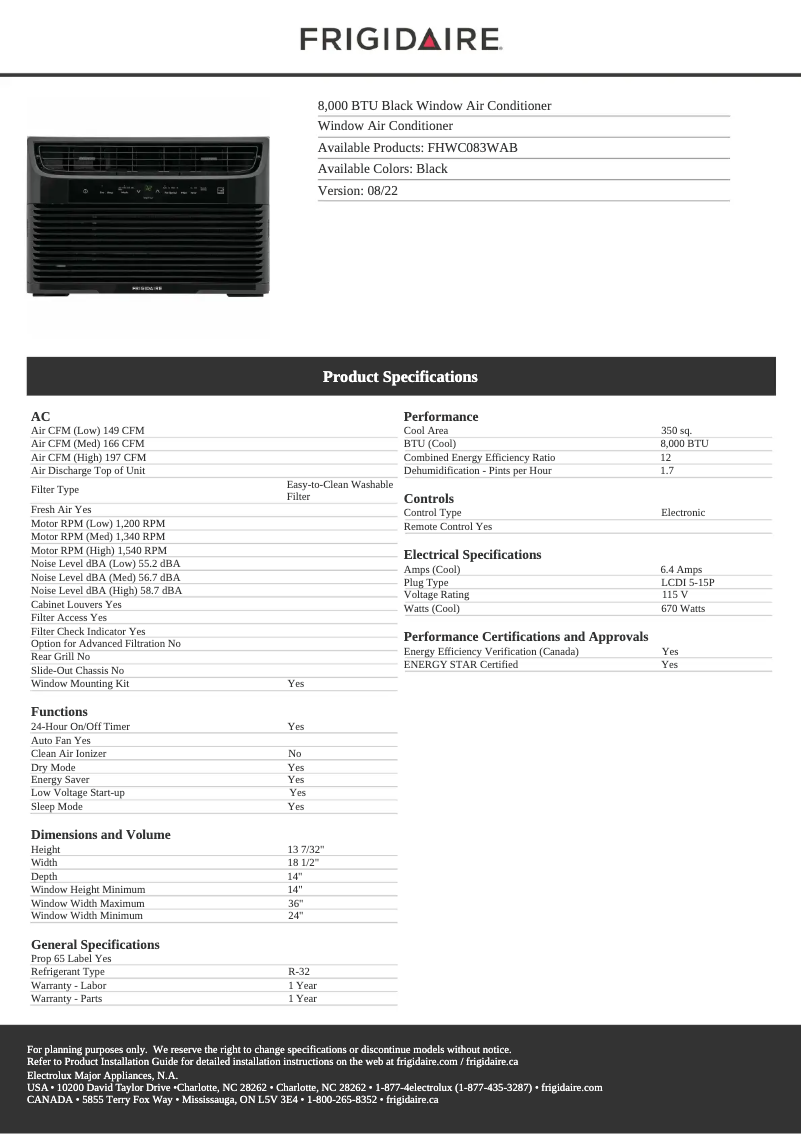 Page 1 de la notice Fiche technique Frigidaire FHWC083WAB