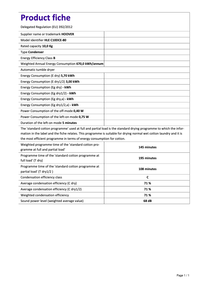Page 1 de la notice Fiche technique Hoover HLE C10DCE-80