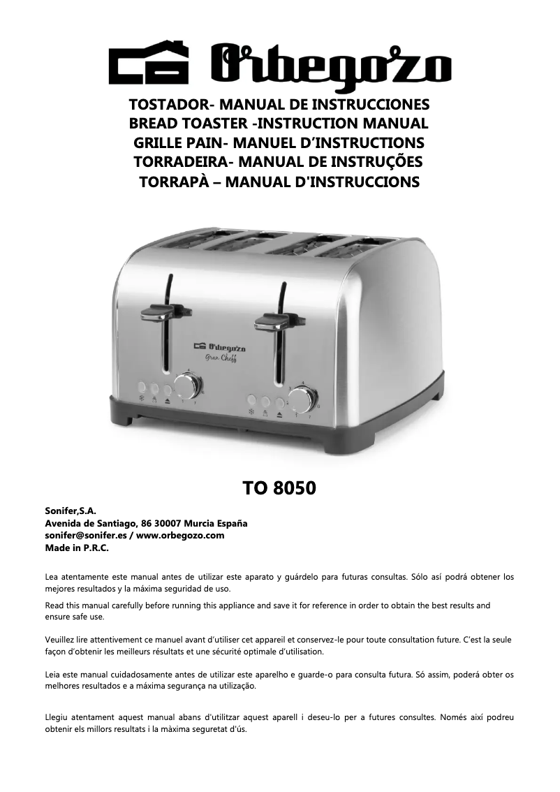 Page 1 de la notice Manuel utilisateur Orbegozo TO 8050