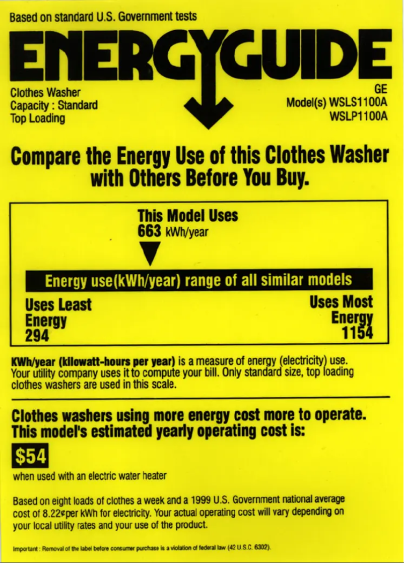 Page n°1 - Label énergétique GE WSLP1100AWH