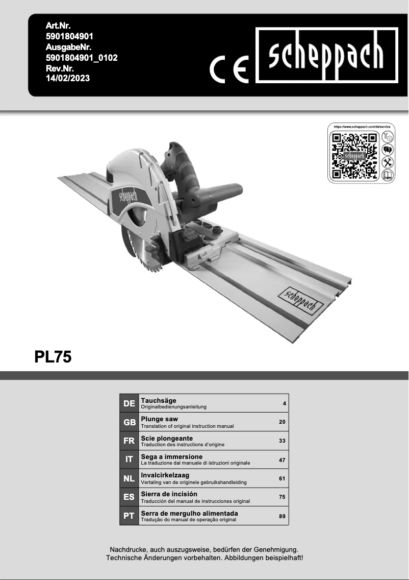 Page 1 de la notice Manuel utilisateur Scheppach PL75