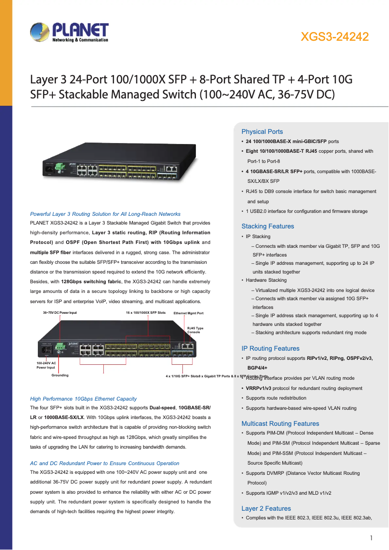 Page 1 de la notice Fiche technique Planet XGS3-24242